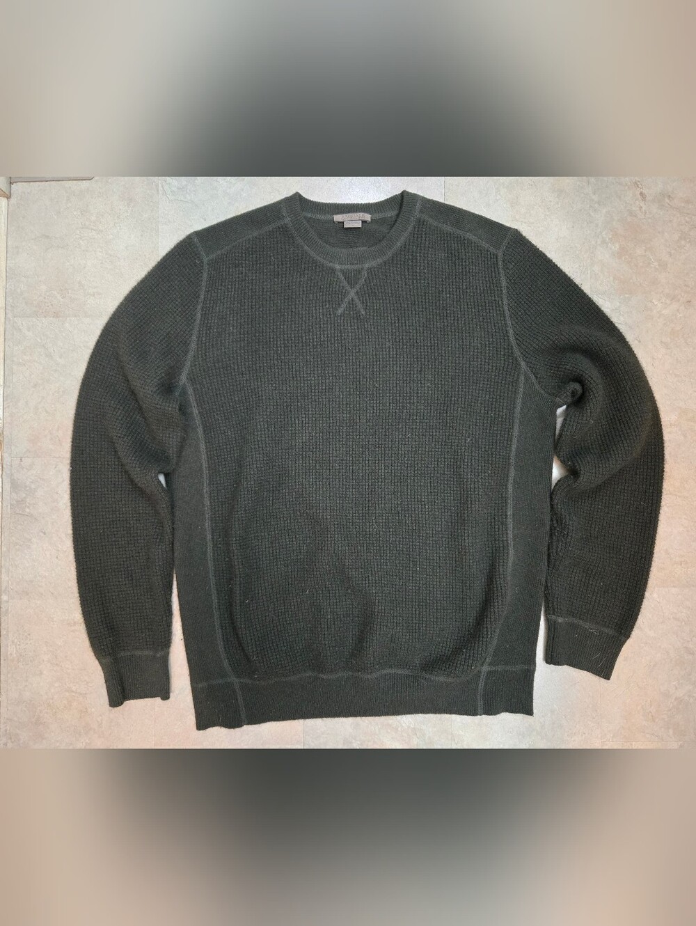 Amicale 100% Cashmere Men’s Olive Waffle-Knit Crewneck Sweater Size L